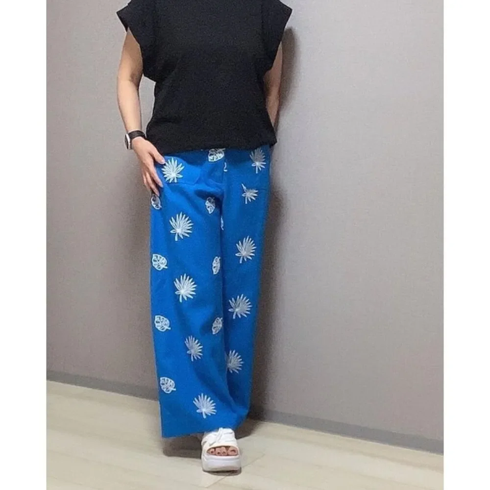 NWT Zara Women's Linen Blend Embroidered Wide Leg Pants Culottes with Pockets - Picture 8 of 13